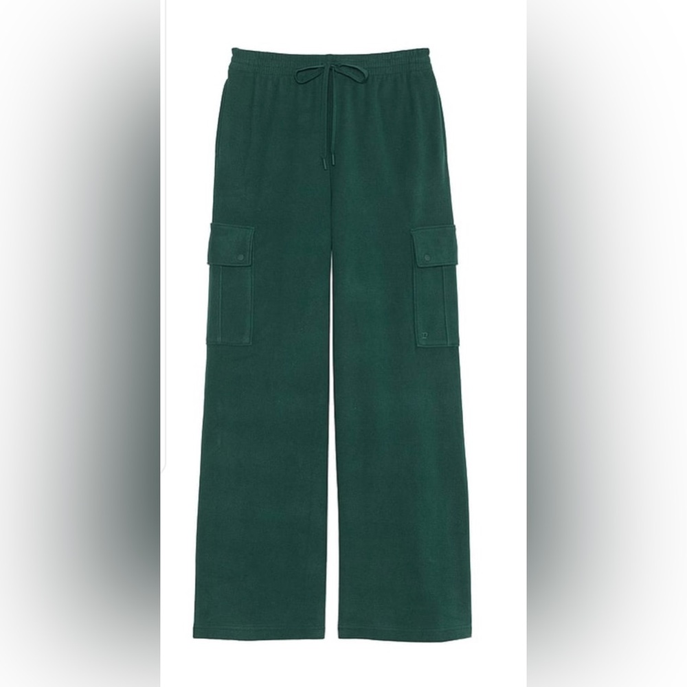 PINK Victoria’s Secret Deep Forest Green Fleece Wide Leg Cargo Joggers Sz M NWT - Picture 3 of 13